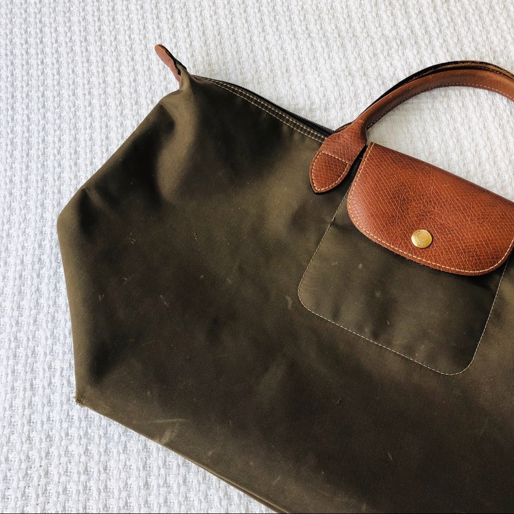 Longchamp Army Green Le Pliage Short Handle